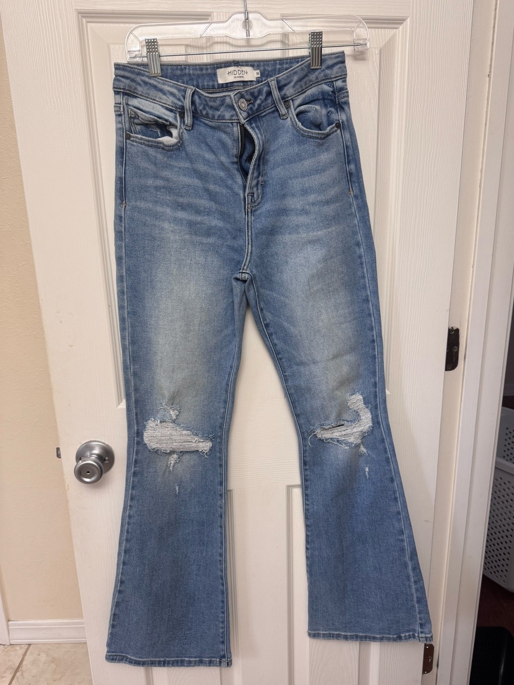 Light Blue Distressed Flare Jeans by Hidden — Women's Mid Rise